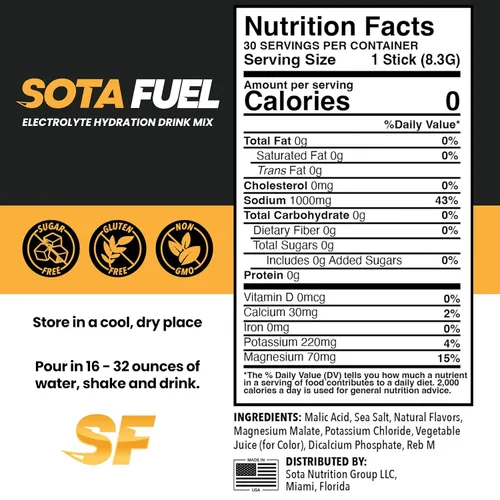 Vista 4 de Sota Fuel Performance Hydration Mezcla de bebida en polvo con electrolitos 30 unidades Mango naranja Cero azúcar