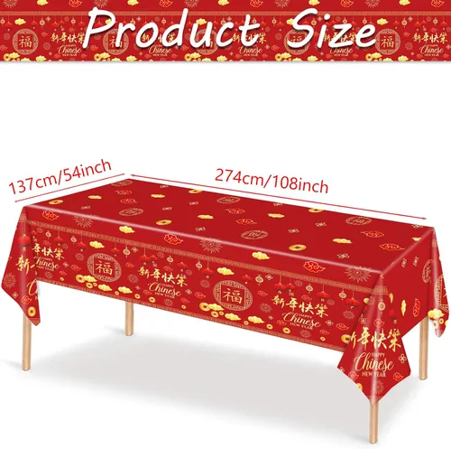 Vista 2 de 3 Manteles de Año Nuevo Chino - 54x108 Pulgadas Cubierta de Mesa de Plástico Desechable Roja y Dorada con Linternas, Estampado de Petardos