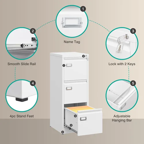 Vista 6 de SISESOL Archivador de 3 cajones con cerradura y etiqueta, archivador estrecho de tres cajones, archivadores verticales de metal, archivadores Blanco