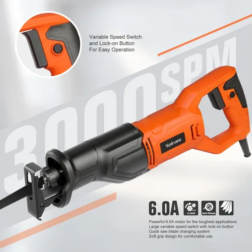 Vista 2 de Yunirvana Sierra recíproca de 120 V, sierra recíproca con cable de velocidad variable de 6.0 amperios con longitud de carrera de 4/5 pulgadas, 3000