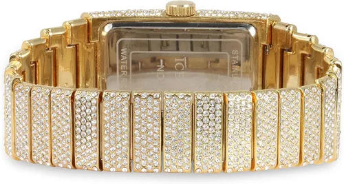 Vista 4 de Reloj rectangular con diamantes para hombre, cristales brillantes, esfera romana brillante, bisel helado, correa totalmente helada