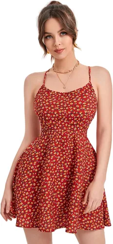 Vista 2 de Floerns Vestido corto sin mangas para mujer, diseño floral, espalda descubierta, con lazo en la espalda