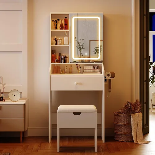 Vista 3 de Vabches Tocador de Maquillaje Pequeño de 24.4 pulgadas con Espejo y Luces, 3 Modos de Iluminación Ajustables, Juego de Tocador Compacto Blanco