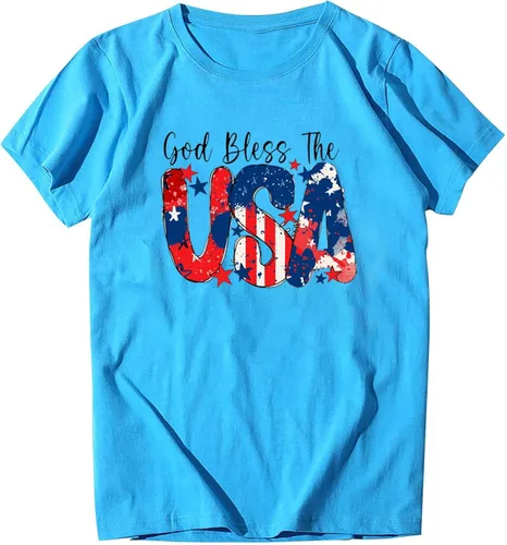 Vista 4 de MFNDVD Womens USA Flag Graphic T-Shirt Letter Graphic Tee Short Sleeve Tunic Blouse Patriotic 4Th of July Party Shirts