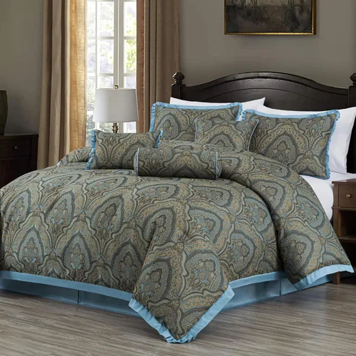 Vista 11 de Chezmoi Collection Juego de edredón Jacquard Floral de 7 piezas, color negro y dorado, con medallón de diamante, tamaño Queen Negro/Marrón Floral