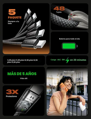Vista 2 de LISEN Cable USB C, paquete de 5 cables USBC a USBC [0.5 pies] para iPhone 17 16e 15 Pro Max, cable de carga rápida de 60 W C a C para Galaxy Negro