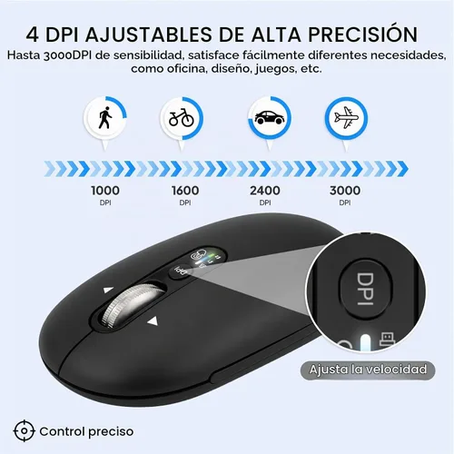 Vista 4 de Ratón Bluetooth inalámbrico, USB + BT × 2, Slim Pebble Multi Device Small Travel Ratones de viaje, Metal 4 Way Super Scrolling, ± 3000 DPI, 8