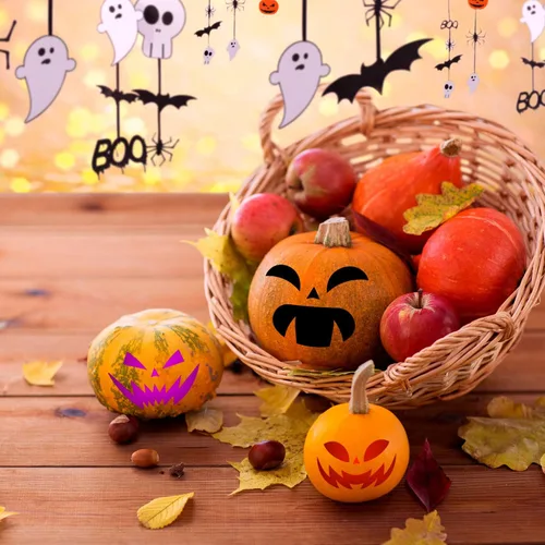 Vista 5 de Zonon 27 plantillas de pintura de Halloween, plantillas de plástico, plantillas de expresión de calabaza reutilizables, plantillas de dibujo