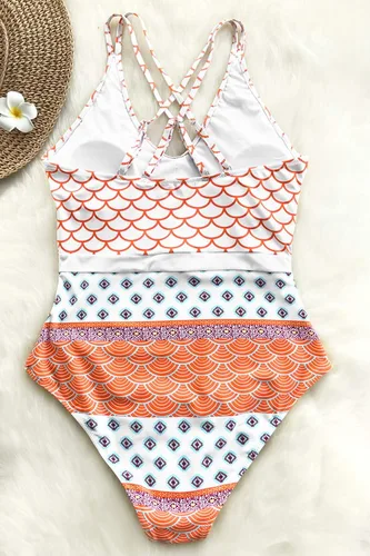 Vista 6 de CUPSHE Traje de baño de una pieza para mujer, cuello redondo, tirantes dobles, estampado geográfico