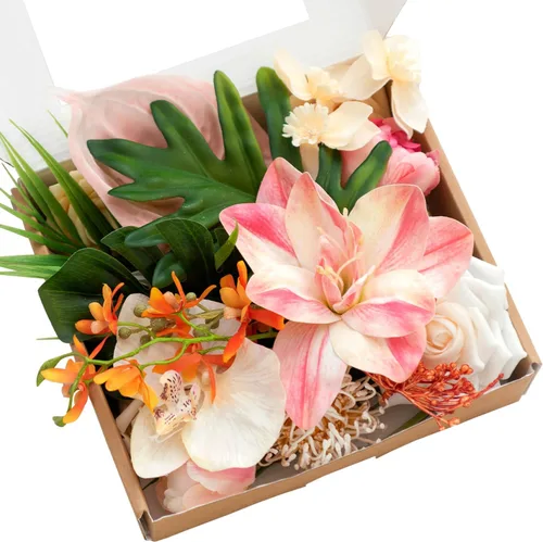 Vista 17 de Ling's moment Caja de flores falsas, tallos de vegetación artificiales artificiales, rosas de espuma, dalia, gardenia, tulipán, flor fábica de seda