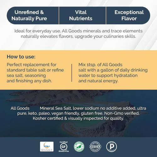 Vista 8 de All Goods - Sal marina mineral – 16 onzas de grano grueso, 100% natural, cosechada a mano, rica en más de 90 minerales esenciales, 30% menos