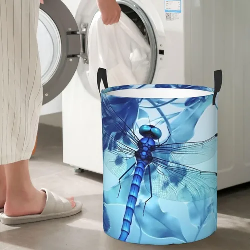 Vista 7 de Cesta circular con estampado de libélula azul artística impermeable, cesta organizadora de almacenamiento con asas para ropa, juguetes, pequeña