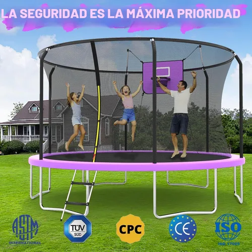 Vista 2 de 8FT 10FT 12FT 14FT Outdoor Trampoline with Basketball Hoop and LED Lights, ASTM Approved Recreational Trampolines for Kids and Adults with Net and