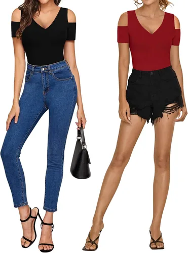 Vista 4 de HERLOLLYCHIPS Camisetas de verano para mujer, cuello en V profundo, manga corta y larga, hombros descubiertos, ajustadas, casuales, sexys