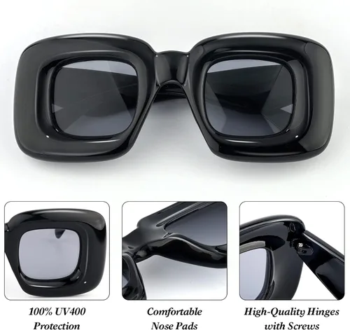 Vista 3 de MuagoChic Lentes de sol cuadrados inflados de burbujas para mujeres y hombres, grandes, gruesos, de moda, con marco grueso, gafas de sol divertidas