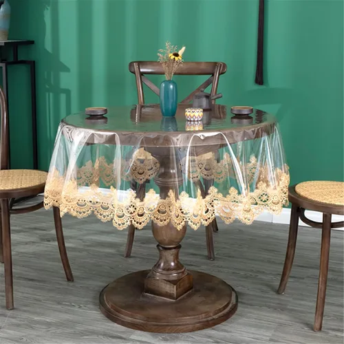 Vista 2 de Jeloris Mantel redondo de plástico transparente de vinilo PVC impermeable con borde de encaje bordado, cubierta de mesa transparente para cocina