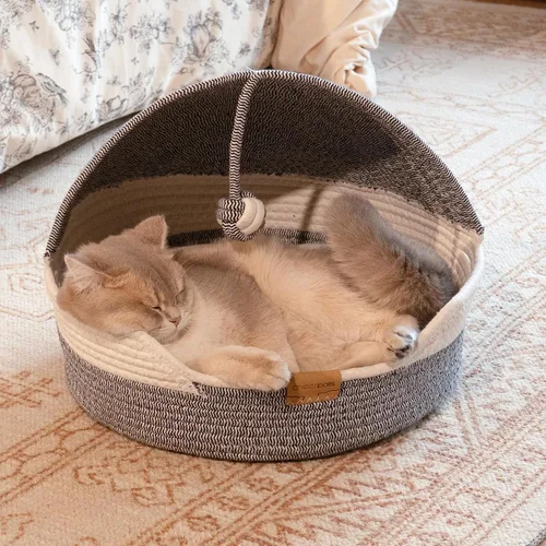 Vista 9 de CHEERPALS Cama para gatos con cojín lavable y cuerda de bola de algodón, cama cubierta para mascotas para gatos de interior, cama con capucha, cama