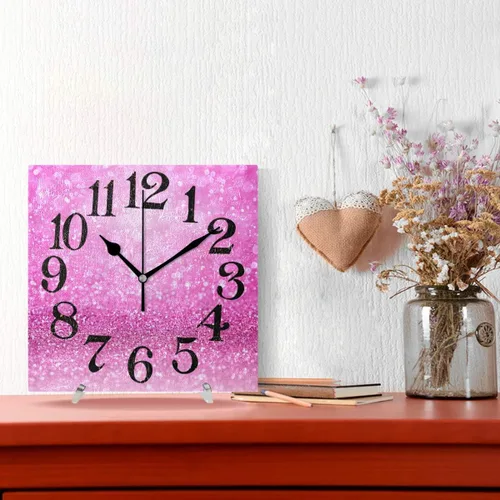 Vista 2 de Naanle Reloj de pared acrílico con estampado de purpurina rosa brillante, diseño de princesa para niña, redondo, cuadrado, diamante, pintura al