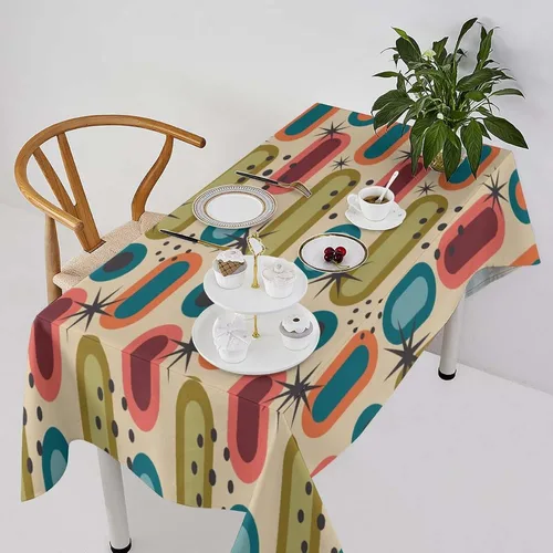 Vista 9 de Mantel retro moderno de mediados de siglo, diseño de colores retro de los años 50, resistente al agua, mantel lavable para cocina, comedor, fiesta
