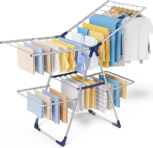 Vista 13 de Sakugi Escurridor de ropa, plegable de 2 niveles con alas ajustables en altura, para ropa y ropa de cama, estante independiente que ahorra espacio