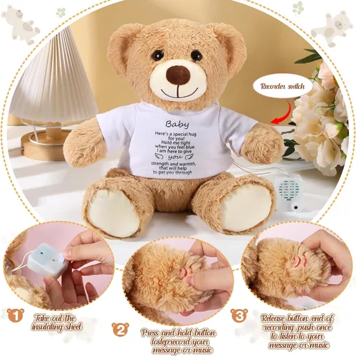 Vista 4 de Halloscume Oso de peluche de 12 pulgadas con grabadora de voz, oso de felpa suave, letrero de abrazo con cremallera, regalos de grabación de voz