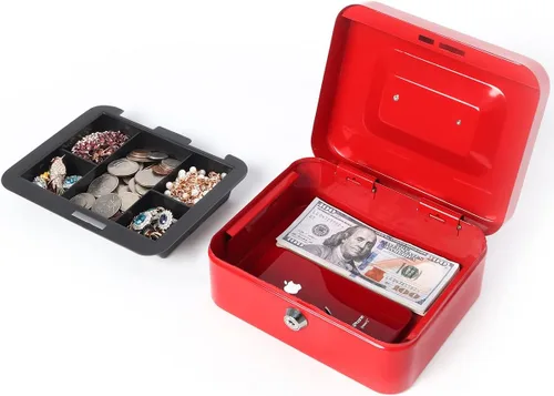 Vista 3 de Caja de dinero pequeña con bandeja de dinero y cerradura, caja de dinero de metal para efectivo, caja de seguridad de 7.87 x 6.3 x 3.54 pulgadas