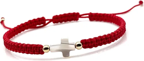 Vista 2 de Pulsera ajustable tejida a mano con cruz de nácar - Joyería espiritual para mujer
