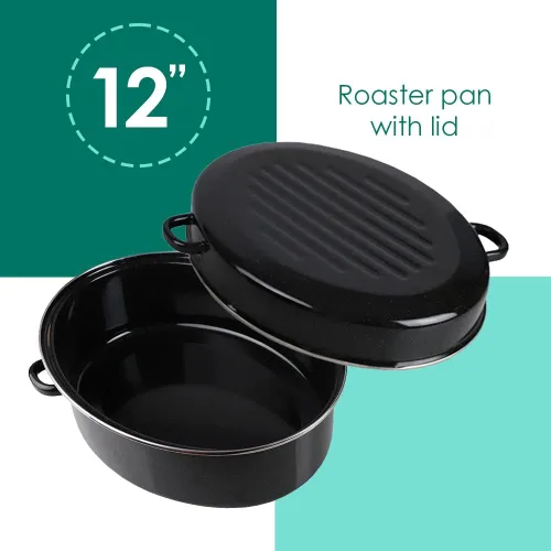 Vista 3 de Home Basics - Sartén esmaltada de 12 pulgadas con tapa abovedada, olla ovalada de acero al carbono con 4 asas, sartén antiadherente versátil