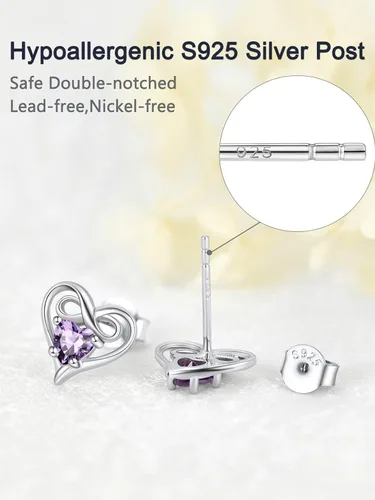 Vista 4 de SILVERCUTE Aretes de corazón infinito con piedra natal para mujer, plata de ley 925, joyería de moda, regalo de San Valentín, aniversario