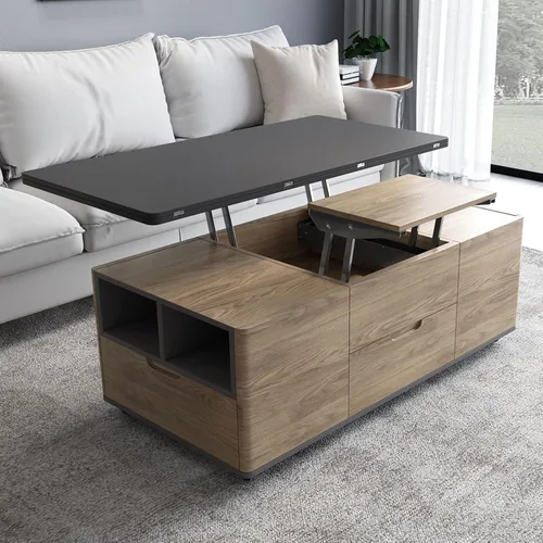 Vista 3 de Guyii - Mesa auxiliar elevable con 4 taburetes y ruedas, mesa central 3 en 1 con almacenamiento, mesa auxiliar marrón convertida en mesa de comedor