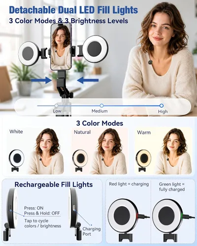 Vista 5 de Content Creator Essentials Kit de vlogging para iPhone/Android, trípode de seguimiento automático de cara de 71 pulgadas para iPhone con luz y Negro