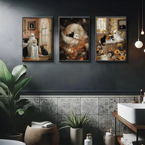 Vista 5 de 3 pósteres de fantasmas de Halloween, arte de pared divertidos de fantasmas y gatos negros, lienzo para decoración de pared, arte de terror gótico