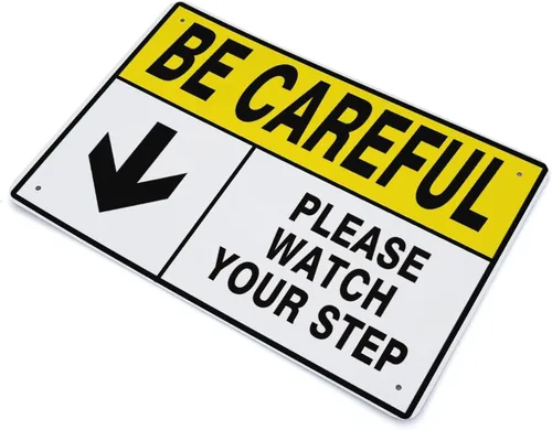 Vista 3 de Letreros de advertencia de flecha para propiedad con texto en inglés «Be Careful Please Watch Your Step Down» para el hogar, patio, dormitorio