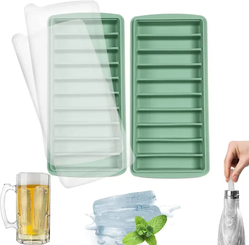Vista 9 de LessMo 2 bandejas para cubitos de hielo, bandeja larga para palitos de hielo de silicona con tapa, palo estrecho rectangular, reutilizable, Azul