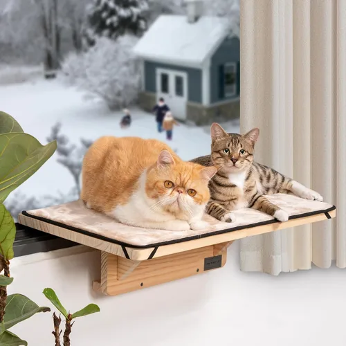 Vista 11 de Percha de Ventana para Gatos Petsfit, Hamaca de Gato de Madera Maciza Natural con Estera de Forro Polar Desmontable, Percha de Ventana Fácil