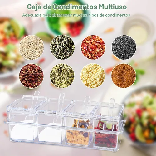 Vista 8 de Caja de condimentos transparente, 8 piezas de condimentos para especias, contenedor de almacenamiento de plástico, tarros de condimentos con tapas