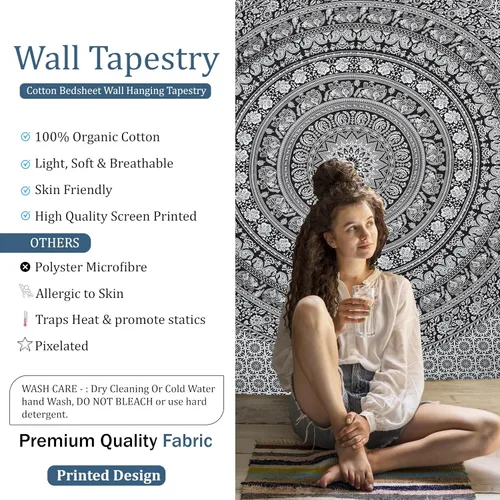 Vista 4 de Craft Trade Tapiz para colgar en la pared con diseño de mandala de algodón indio para decoración estética, bohemio, hippie, sala de estar Blanco
