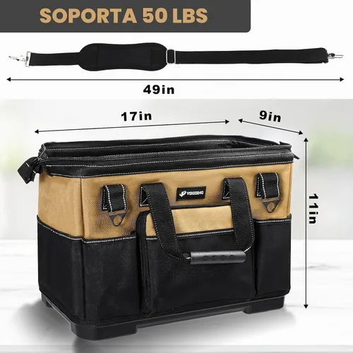 Vista 7 de Bolsa de herramientas portátil de 17 pulgadas para hombres, resistente, bolsa organizadora para herramientas y taladro, de boca ancha, impermeable