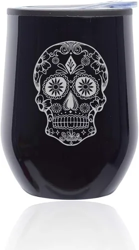 Vista 5 de Vaso de vino sin tallo, taza de viaje de café con tapa, calavera de caramelo de azúcar (oro rosa)