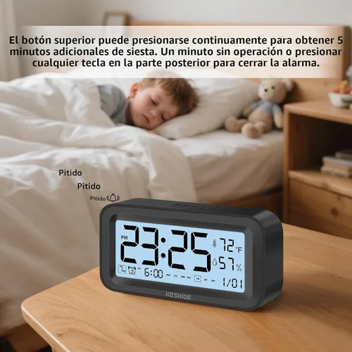 Vista 3 de Reloj despertador digital con luz nocturna, funciona con pilas, con temperatura interior y humedad, reloj pequeño de escritorio, modelo con función