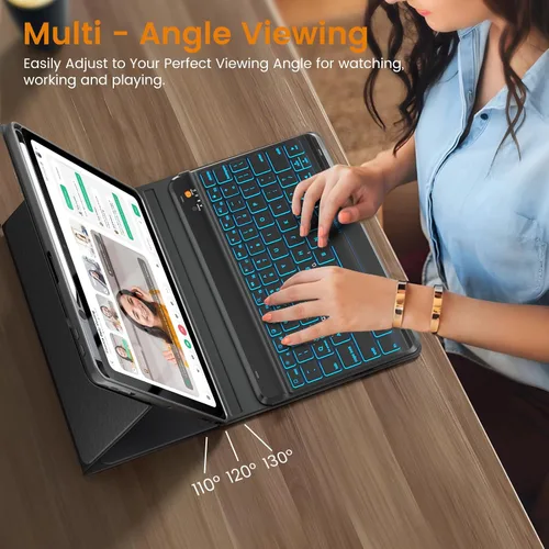 Vista 6 de OYEEICE Funda de teclado para iPad 6ª/5ª generación de 9.7 pulgadas, teclado inalámbrico desmontable retroiluminado de 7 colores, cubierta magnética