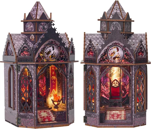 Vista 8 de Spilay Kit de rincón de libros para adultos, kit de casa de muñecas en miniatura con luz LED, rompecabezas de madera 3D, decoración creativa