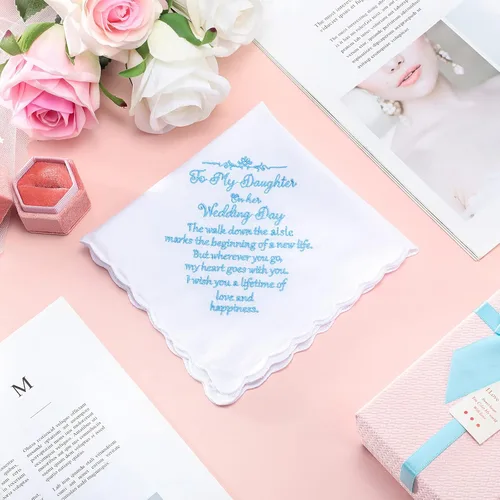 Vista 5 de Tegeme Pañuelo de novia pañuelo de boda para hija, regalo de boda, recuerdo Hankie y ángel azul novia pañuelo