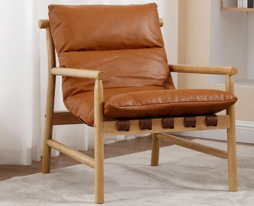 Vista 9 de Kmax Silla decorativa moderna tapizada de piel sintética, cómoda silla de descanso con marco de madera maciza para dormitorio, sala de lectura Negro
