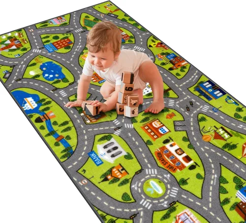 Vista 9 de STARUIA Alfombra de juego para niños, 60 x 32 pulgadas, ultra antideslizante, alfombra educativa para niños, alfombra de coche lavable