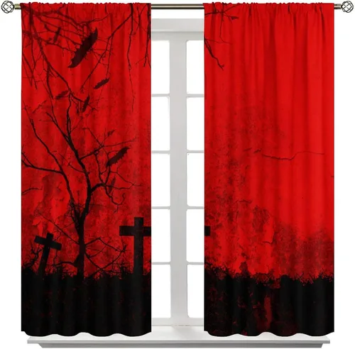 Vista 5 de Cortinas de Halloween con diseño de bosque gótico rojo, cruz gótica, Halloween, festividades, festival, tratamiento de ventana para sala de estar