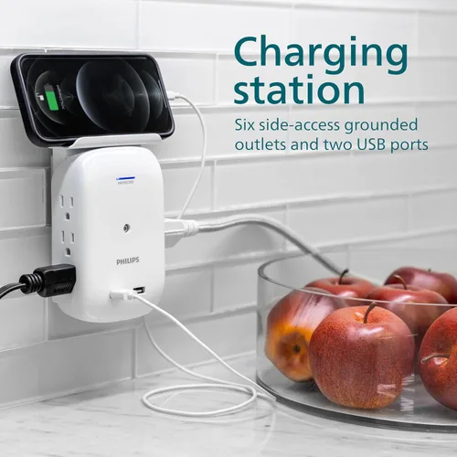 Vista 4 de Philips SPS6026WA/37 - Extensor de 6 tomas, 2 USB, adaptador de acceso lateral, grifo de pared, estante extraíble para dispositivos, luz indicadora