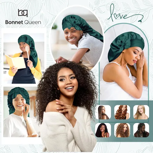 Vista 5 de BONNET QUEEN Gorro de Trenza de Seda Gorro Plegable Extra Largo para Trenzas con Banda de Atar, Capó de Satén Largo para Dormir, Verde Oscuro