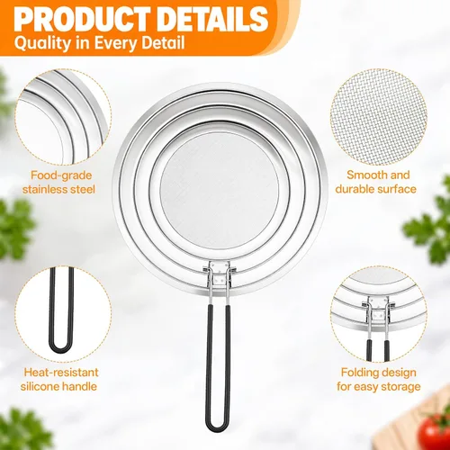 Vista 3 de Pantalla de salpicaduras de acero inoxidable para sartén Protector de Alfombrilla de enfriamiento para colador de alimentos con cubierta de mango
