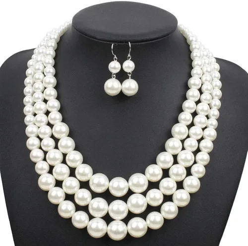 Vista 2 de Daimay Gargantilla de perlas de imitación, collar de perlas multicapa, collar de perlas de varias hebras, gargantilla de novia para boda, fiesta